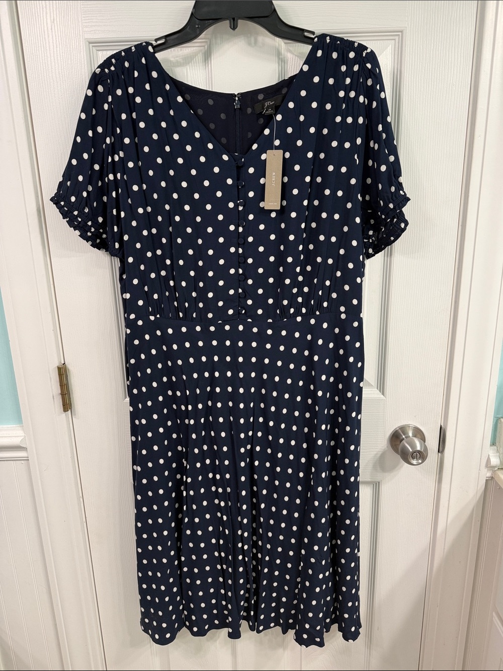 NWT J. Crew dress in navy polka dots.  Size 18.